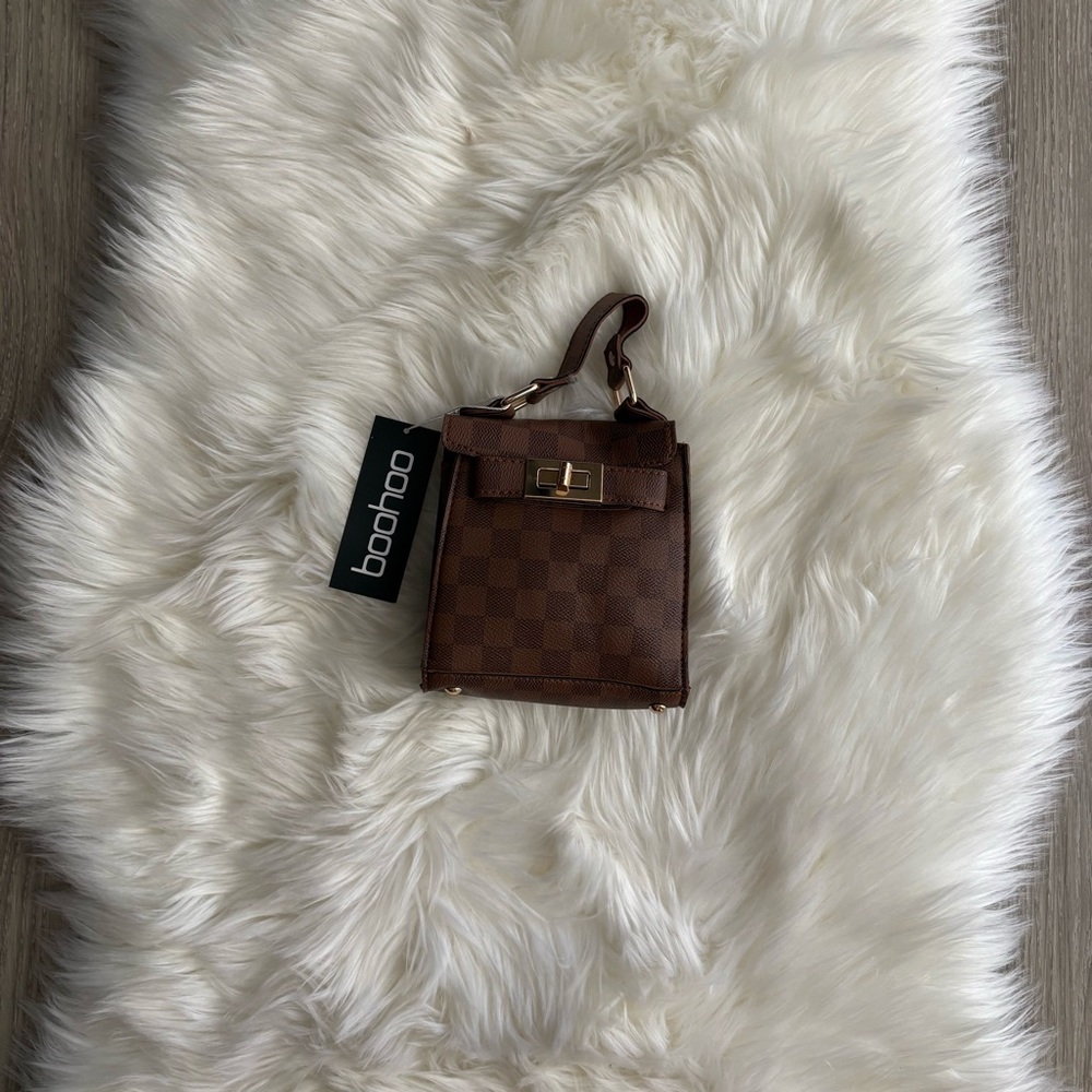 Boohoo Brown Checkered Handbag with Gold Accent